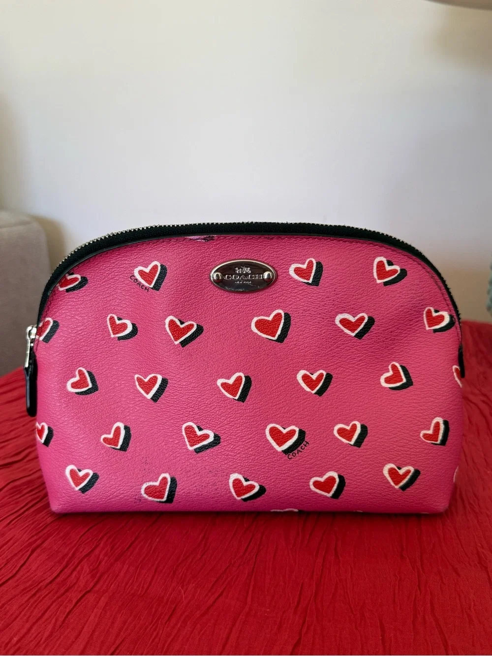 Coach Pink Heart Print Zip Cosmetic Pouch